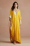 Shop_Sureena Chowdhri_Yellow Kaftan Pure Muslin Embroidered Floral V Neck Gota  _at_Aza_Fashions