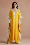 Sureena Chowdhri_Yellow Kaftan Pure Muslin Embroidered Floral V Neck Gota  _Online_at_Aza_Fashions