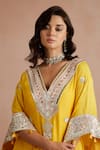 Buy_Sureena Chowdhri_Yellow Kaftan Pure Muslin Embroidered Floral V Neck Gota  _Online_at_Aza_Fashions