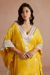 Shop_Sureena Chowdhri_Yellow Kaftan Pure Muslin Embroidered Floral V Neck Gota  _Online_at_Aza_Fashions