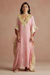 Buy_Sureena Chowdhri_Pink Kaftan Pure Muslin Embroidered Floral V Neck Gota  _at_Aza_Fashions