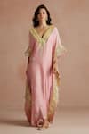 Shop_Sureena Chowdhri_Pink Kaftan Pure Muslin Embroidered Floral V Neck Gota  _at_Aza_Fashions