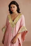 Sureena Chowdhri_Pink Kaftan Pure Muslin Embroidered Floral V Neck Gota  _Online_at_Aza_Fashions