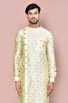 Shop_Arihant Rai Sinha_Yellow Cotton, Silk Embroidery Asymmetric Kurta And Pant Set _Online_at_Aza_Fashions