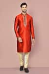 Buy_Arihant Rai Sinha_Red Jamewar Embroidered Machine Long Sleeve Kurta And Pant Set _at_Aza_Fashions