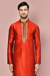 Shop_Arihant Rai Sinha_Red Jamewar Embroidered Machine Long Sleeve Kurta And Pant Set _Online_at_Aza_Fashions