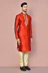 Arihant Rai Sinha_Red Jamewar Embroidered Machine Long Sleeve Kurta And Pant Set _at_Aza_Fashions