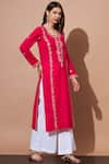 Buy_Shetab Kazmi_Fuchsia Pure Cotton Hand Embroidered Pearl Round Neck Aari Kurta Palazzo Set _Online_at_Aza_Fashions