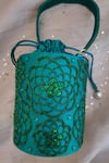 Buy_Feza Bags_Emerald Green Embroidered Floral Cutdana Cylindrical Potli _at_Aza_Fashions