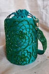 Shop_Feza Bags_Emerald Green Embroidered Floral Cutdana Cylindrical Potli _at_Aza_Fashions