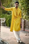 Buy_Ankit V Kapoor_Yellow Linen Cotton Silk Embroidery Shehzad Placket Kurta Set With Stole_at_Aza_Fashions