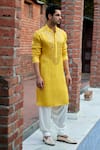 Shop_Ankit V Kapoor_Yellow Linen Cotton Silk Embroidery Shehzad Placket Kurta Set With Stole_Online_at_Aza_Fashions