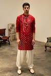 Ankit V Kapoor_Red Linen Cotton Silk Embroidery Mirror Zaid Kurta And Salwar Set For Men_at_Aza_Fashions