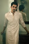Ankit V Kapoor_Beige Georgette Embroidery Mirror Yasir Stripe Kurta Set_Online_at_Aza_Fashions