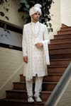 Buy_Ankit V Kapoor_Ivory Cotton Silk Embroidered And Woven Thread & Gota Work Fahad Sherwani Set _at_Aza_Fashions