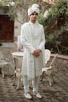 Shop_Ankit V Kapoor_Ivory Cotton Silk Embroidered And Woven Thread & Gota Work Fahad Sherwani Set _at_Aza_Fashions