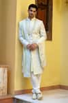 Buy_Ankit V Kapoor_Green Cotton Silk Embroidered And Woven Thread & Sequin Work Zahid Sherwani Set _at_Aza_Fashions