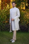 Buy_Ankit V Kapoor_Beige Cotton Silk Embroidered And Woven Thread Imran Mughal Sherwani Set _at_Aza_Fashions