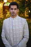 Buy_Ankit V Kapoor_Beige Cotton Silk Embroidered And Woven Thread Imran Mughal Sherwani Set _Online_at_Aza_Fashions