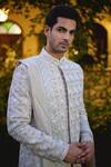 Ankit V Kapoor_Beige Cotton Silk Embroidered And Woven Thread Imran Mughal Sherwani Set_at_Aza_Fashions