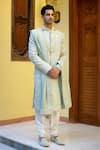 Buy_Ankit V Kapoor_Green Cotton Silk Embroidered And Woven Thread & Gota Work Fahad Sherwani Set_at_Aza_Fashions