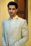 Shop_Ankit V Kapoor_Green Cotton Silk Embroidered And Woven Thread & Gota Work Fahad Sherwani Set_Online_at_Aza_Fashions