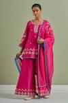 Buy_Priya Chaudhary_Pink Chanderi Silk Hand Embroidered Resham Notched Round Short Kurta Palazzo Set _at_Aza_Fashions