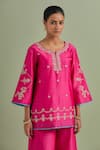 Buy_Priya Chaudhary_Pink Chanderi Silk Hand Embroidered Resham Notched Round Short Kurta Palazzo Set _Online_at_Aza_Fashions