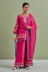 Shop_Priya Chaudhary_Pink Chanderi Silk Hand Embroidered Resham Notched Round Short Kurta Palazzo Set _Online_at_Aza_Fashions