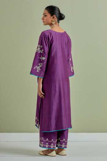 Shop_Priya Chaudhary_Purple Chanderi Silk Embroidery, Sequins Round Neck Kurta _at_Aza_Fashions