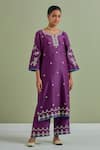 Shop_Priya Chaudhary_Purple Chanderi Silk Hand Embroidered Resham Notched Round Sequin Kurta Set _Online_at_Aza_Fashions