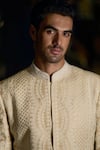 Buy_Seema Gujral_Beige Sherwani Raw Silk Embroidered Thread Work Floral Set _Online_at_Aza_Fashions