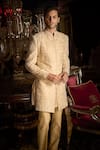 Buy_Seema Gujral_Cream Sherwani Raw Silk Embroidered Thread And Pearl Set _at_Aza_Fashions