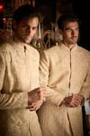 Shop_Seema Gujral_Cream Sherwani Raw Silk Embroidered Thread And Pearl Set _at_Aza_Fashions