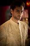 Seema Gujral_Cream Sherwani Raw Silk Embroidered Thread And Pearl Set _Online_at_Aza_Fashions