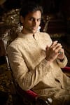 Buy_Seema Gujral_Cream Sherwani Raw Silk Embroidered Thread And Pearl Set _Online_at_Aza_Fashions