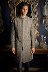 Seema Gujral_Grey Raw Silk Embroidered Thread And Cut Dana Sherwani Set _Online_at_Aza_Fashions