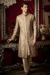 Buy_Seema Gujral_Grey Sherwani Raw Silk Embroidery Sequin Floral Set _at_Aza_Fashions