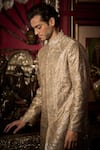 Seema Gujral_Grey Sherwani Raw Silk Embroidery Sequin Floral Set _Online_at_Aza_Fashions