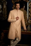 Seema Gujral_Peach Sherwani Raw Silk Embroidered French Knot Thread And Sequin Scallop Set _Online_at_Aza_Fashions