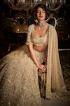 Seema Gujral_Gold Net Embroidery Thread U Neck Pearl Bridal Lehenga Set  _at_Aza_Fashions