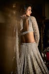 Shop_Seema Gujral_Gold Net Beads, Pearls, Sequins Plunge Mirror And Embroidered Bridal Lehenga Set_at_Aza_Fashions