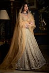 Seema Gujral_Gold Net Beads, Pearls, Sequins Plunge Mirror And Embroidered Bridal Lehenga Set_Online_at_Aza_Fashions