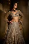 Buy_Seema Gujral_Gold Net Beads, Pearls, Sequins Plunge Mirror And Embroidered Bridal Lehenga Set_Online_at_Aza_Fashions