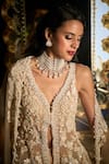 Shop_Seema Gujral_Ivory Net Embroidered Pearl Deep V Neck And Sequin Jacket Sharara Set  _at_Aza_Fashions