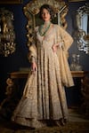 Buy_Seema Gujral_Beige Net Embroidered Cutdana Deep V Cut And Sequin Jacket Sharara Set  _at_Aza_Fashions