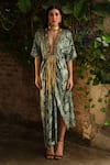 Kaprapan by Anaita Shah_Green Satin Printed Lotus Deep V Neck Draped Asymmetric Kaftan _Online_at_Aza_Fashions