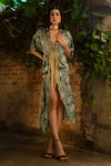 Buy_Kaprapan by Anaita Shah_Green Satin Printed Lotus Deep V Neck Draped Asymmetric Kaftan _Online_at_Aza_Fashions