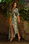 Shop_Kaprapan by Anaita Shah_Green Satin Printed Lotus Deep V Neck Draped Asymmetric Kaftan _Online_at_Aza_Fashions