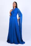 Buy_Swatee Singh_Blue Georgette Plain V Neck Exaggerated Cape Sleeve Gown _at_Aza_Fashions